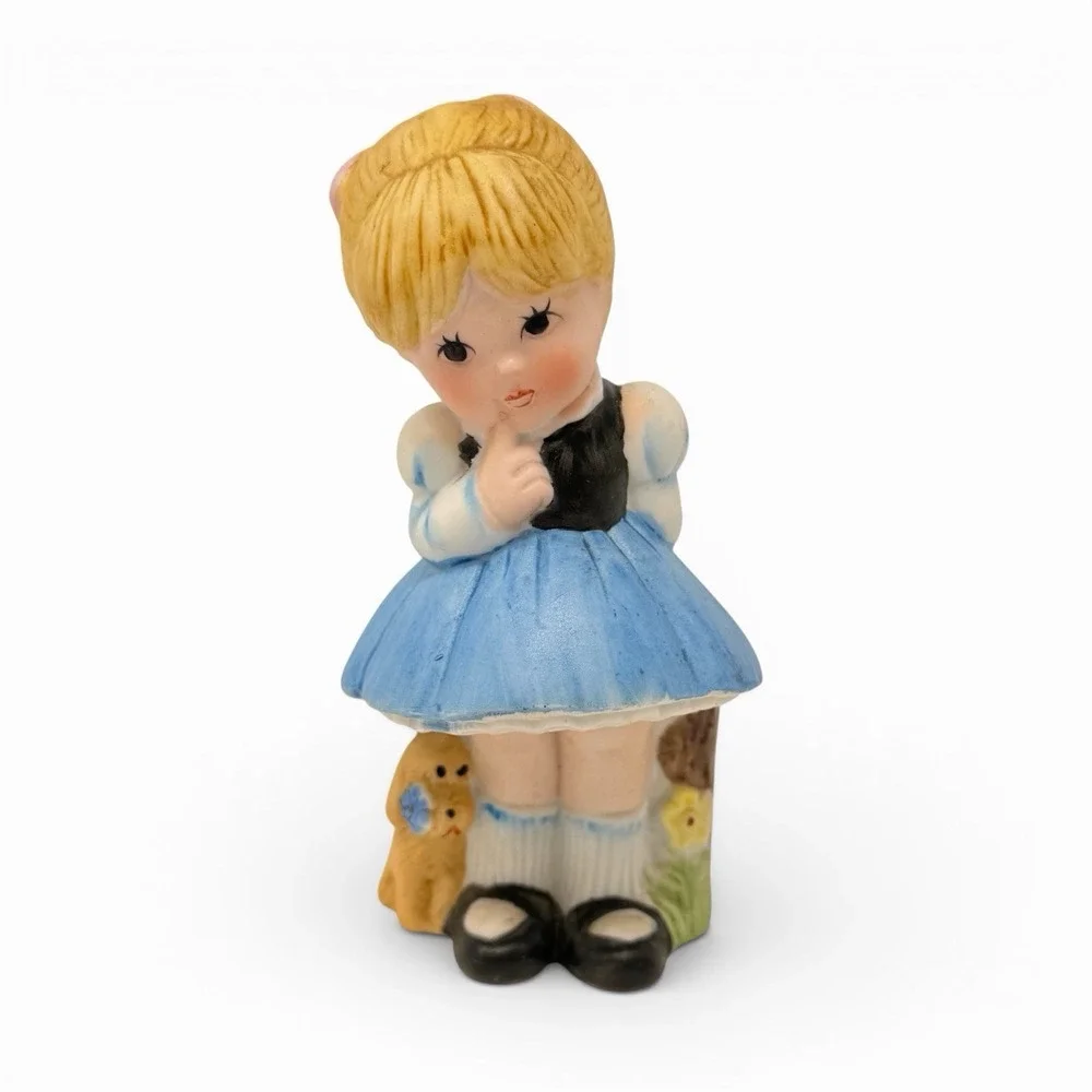 Vintage JASCO Little Girl Blue Dress Puppy Bisque Porcelain Figurine Collectible